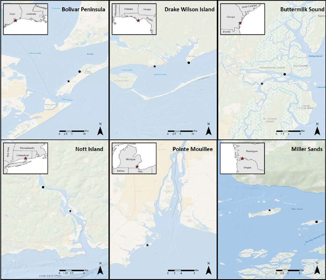 6 panel map figure of Bolivar Penninsula, Drake Wilson Island, Buttermilk Sound, Nott Island, Pointe Mouillee, and Miller Sands